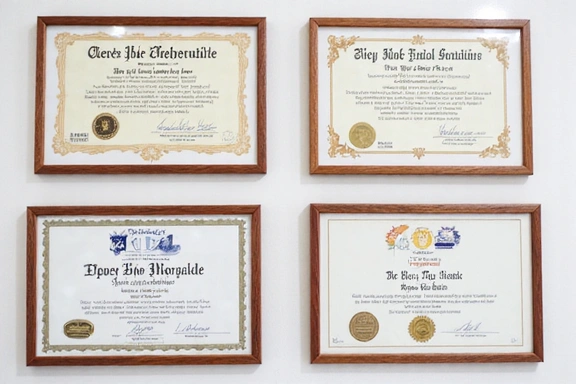 Stylized images of framed academic degrees and professional certifications, blurred text