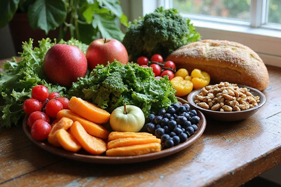 Various healthy food options laid out on a table: fruits, vegetables, nuts, whole grains.