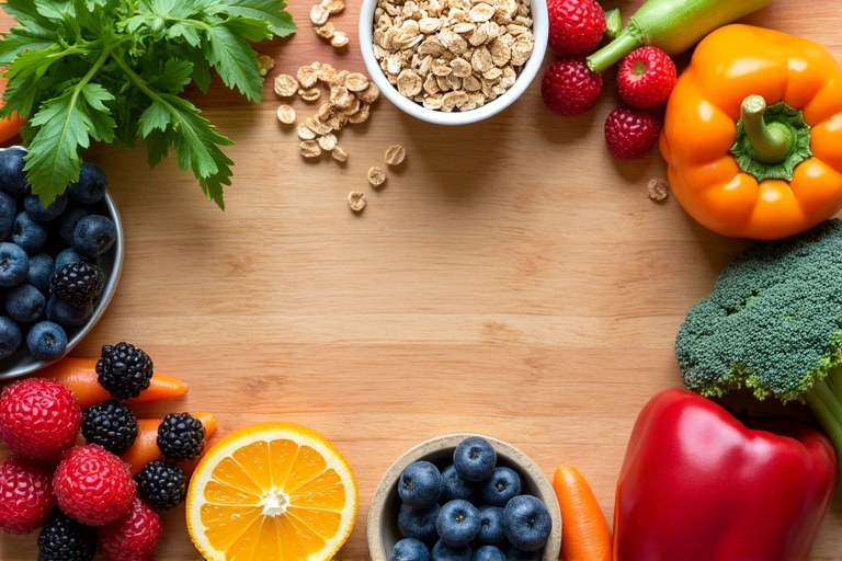A vibrant, modern image of healthy food including fresh fruits, colorful vegetables, and whole grains, artfully arranged on a wooden table with a soft, natural background suggesting well-being and vitality.