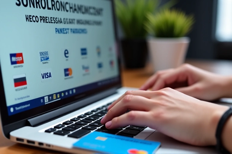 A person paying for an online service using a laptop and a credit card, with secure payment icons displayed.