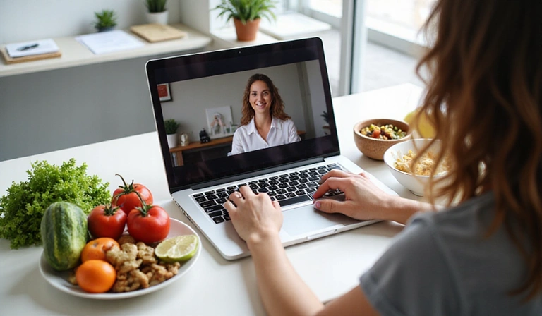 A nutritionist consulting with a client online, showing a laptop screen with a video call and healthy food items on the desk.