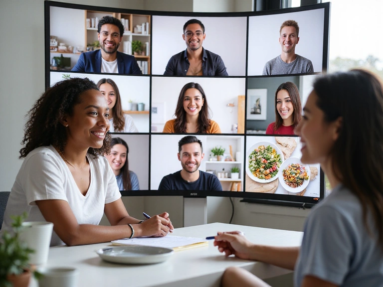 A modern, clean image of people engaged in an online learning environment, perhaps with screens showing healthy food